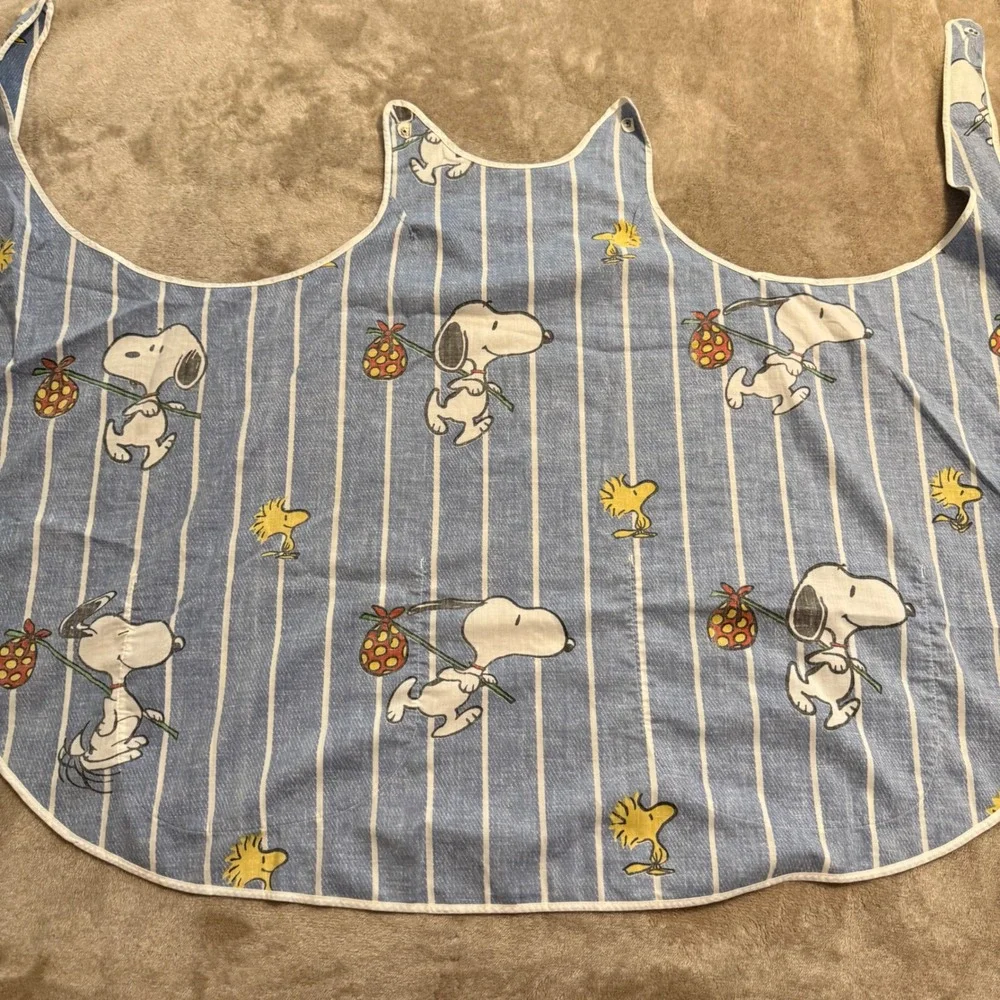 Vintage Snoopy Woodstock Peanuts Blue Striped Cobbler Apron Snap Pockets